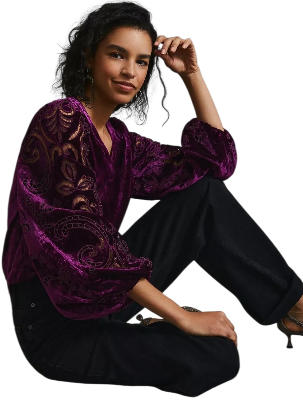 By Anthropologie Velvet Cutwork Top Small Blouse Shirt Cutout Lace Crushed Chic
